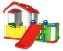 Duży Domek ogrodowy 5w1 dla dzieci + Zjeżdżalnia + Koszykówka + Ogródek + Stolik + 2 Krzesełka Czerwony Dach